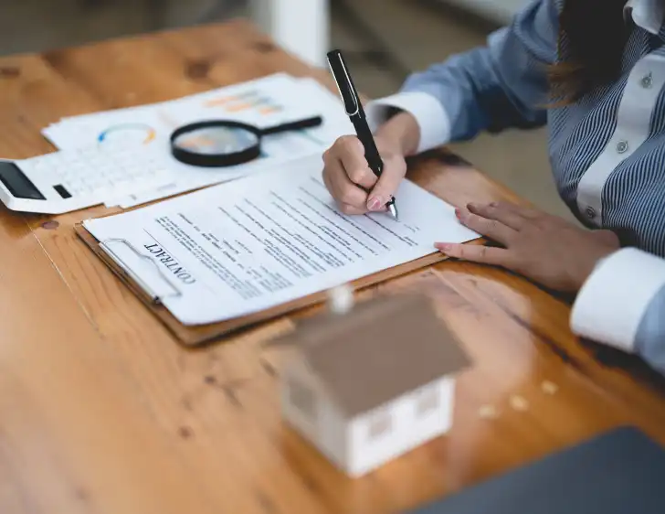 Woman signing rental contract at meeting with real estate agent